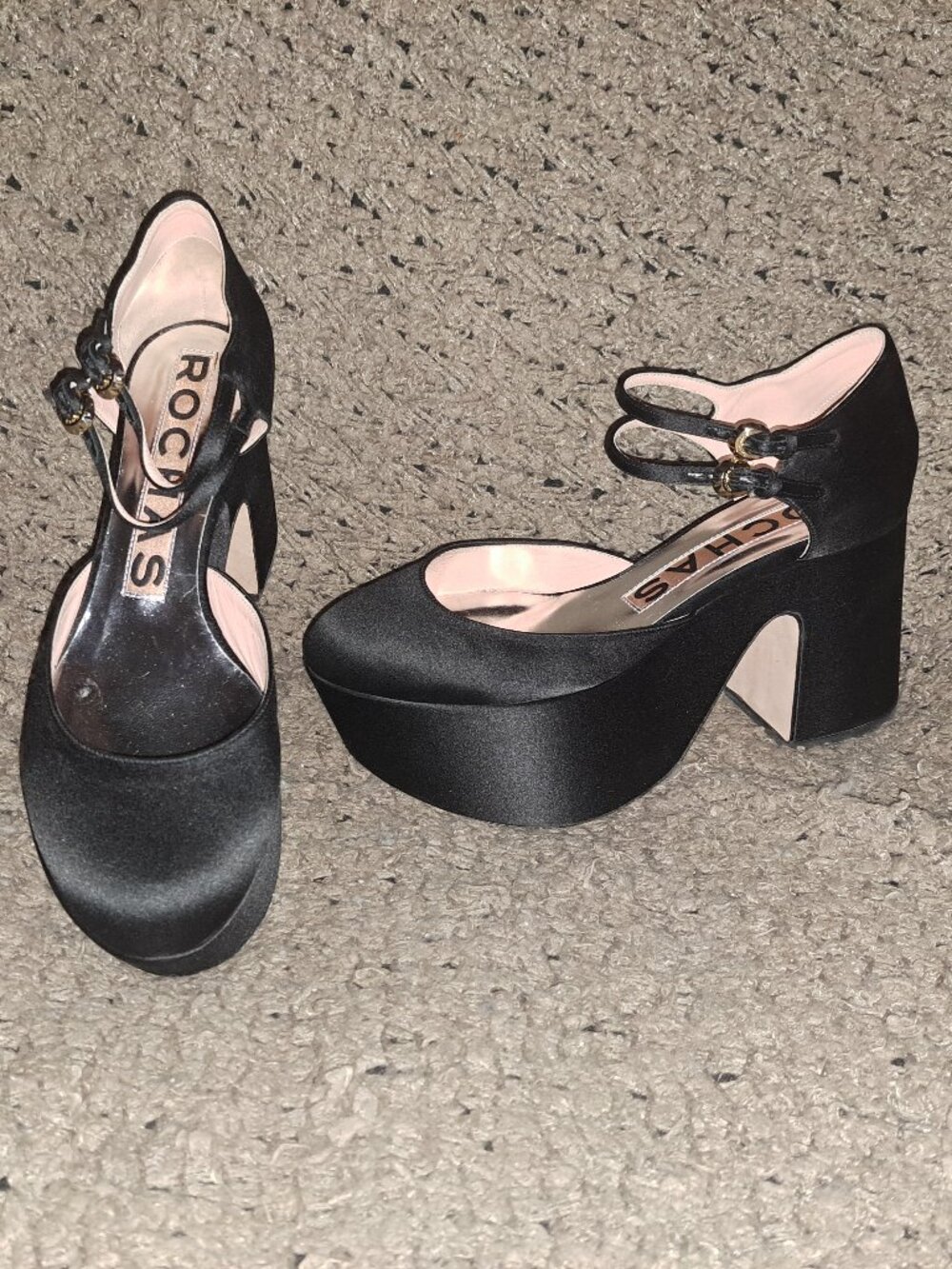 ROCHAS-Black Silk Double Strap Platform Mary Jane Heels-Sz 38.5/8-Near Mint
